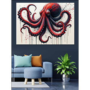 Boyalı Kırmızı Ahtapot Dekoratif Kanvas - Mdf Ahşap Tablo