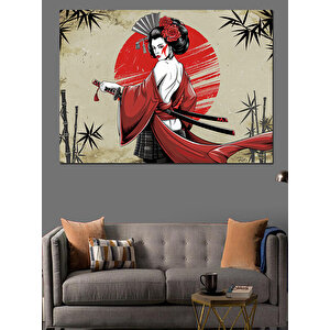 Kırmızı Şemsiyeli Japon Kadın Dekoratif Kanvas - Mdf Ahşap Tablo 50x70 cm