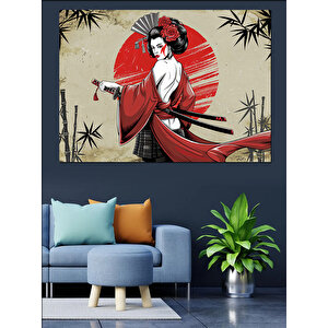 Kırmızı Şemsiyeli Japon Kadın Dekoratif Kanvas - Mdf Ahşap Tablo 70x100 cm