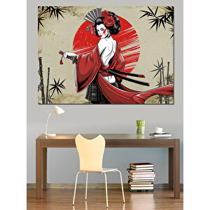 Kırmızı Şemsiyeli Japon Kadın Dekoratif Kanvas - Mdf Ahşap Tablo 70x100 cm