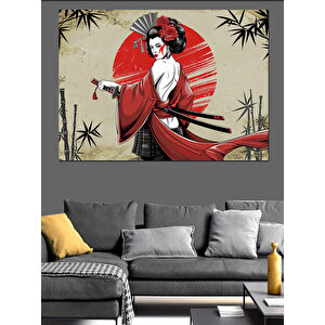 Kırmızı Şemsiyeli Japon Kadın Dekoratif Kanvas - Mdf Ahşap Tablo