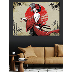 Kırmızı Şemsiyeli Japon Kadın Dekoratif Kanvas - Mdf Ahşap Tablo
