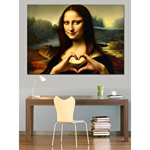 Kalp İşareti Yapan Mona Lisa Dekoratif Kanvas - Mdf Ahşap Tablo 50x70 cm