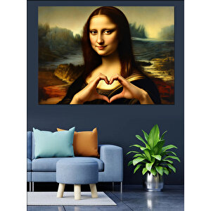 Kalp İşareti Yapan Mona Lisa Dekoratif Kanvas - Mdf Ahşap Tablo