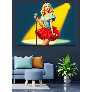 Mikrofonda Kırmızı Elbiseli Kadın Dekoratif Kanvas - Mdf Ahşap Tablo 100x140 cm