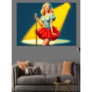 Mikrofonda Kırmızı Elbiseli Kadın Dekoratif Kanvas - Mdf Ahşap Tablo 100x140 cm