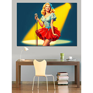 Mikrofonda Kırmızı Elbiseli Kadın Dekoratif Kanvas - Mdf Ahşap Tablo