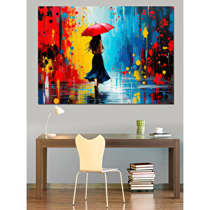Kırmızı Şemsiyeli Çocuk Dekoratif Kanvas - Mdf Ahşap Tablo 70x100 cm