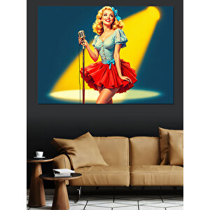 Mikrofonda Kırmızı Elbiseli Kadın Dekoratif Kanvas - Mdf Ahşap Tablo 50x70 cm
