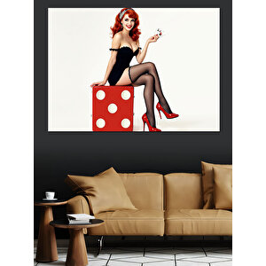 Kırmızı Zar Üzerinde Kadın Dekoratif Kanvas - Mdf Ahşap Tablo 70x100 cm