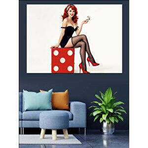 Kırmızı Zar Üzerinde Kadın Dekoratif Kanvas - Mdf Ahşap Tablo 70x100 cm