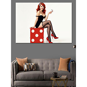 Kırmızı Zar Üzerinde Kadın Dekoratif Kanvas - Mdf Ahşap Tablo 70x100 cm
