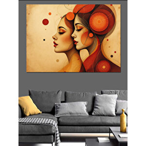 Kırmızı Tonlu İkili Kadın Dekoratif Kanvas - Mdf Ahşap Tablo 100x140 cm