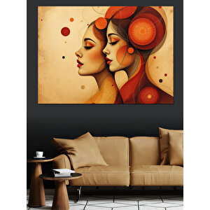 Kırmızı Tonlu İkili Kadın Dekoratif Kanvas - Mdf Ahşap Tablo 100x140 cm