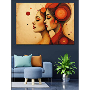 Kırmızı Tonlu İkili Kadın Dekoratif Kanvas - Mdf Ahşap Tablo 100x140 cm