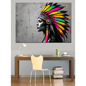 Renkli Tüylü Kızılderili Kadın Dekoratif Kanvas - Mdf Ahşap Tablo 25x35 cm