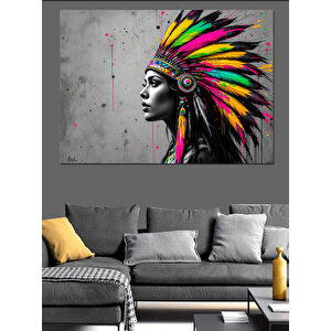 Renkli Tüylü Kızılderili Kadın Dekoratif Kanvas - Mdf Ahşap Tablo 25x35 cm