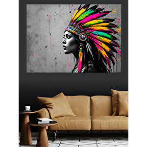 Renkli Tüylü Kızılderili Kadın Dekoratif Kanvas - Mdf Ahşap Tablo