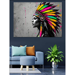 Renkli Tüylü Kızılderili Kadın Dekoratif Kanvas - Mdf Ahşap Tablo