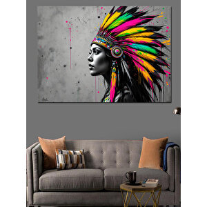 Renkli Tüylü Kızılderili Kadın Dekoratif Kanvas - Mdf Ahşap Tablo 100x140 cm
