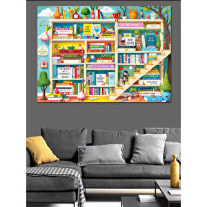 Renkli Kitap Rafı Dekoratif Kanvas - Mdf Ahşap Tablo 35x50 cm