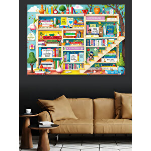 Renkli Kitap Rafı Dekoratif Kanvas - Mdf Ahşap Tablo 35x50 cm