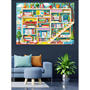Renkli Kitap Rafı Dekoratif Kanvas - Mdf Ahşap Tablo 35x50 cm