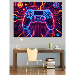 Rgb Neon Oyun Kumandası Dekoratif Kanvas - Mdf Ahşap Tablo