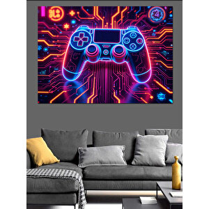 Rgb Neon Oyun Kumandası Dekoratif Kanvas - Mdf Ahşap Tablo