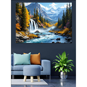 Dağlar Arasında Şelale Manzarası Dekoratif Kanvas - Mdf Ahşap Tablo 70x100 cm
