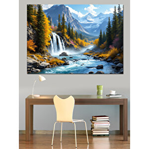 Dağlar Arasında Şelale Manzarası Dekoratif Kanvas - Mdf Ahşap Tablo