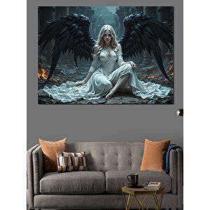 Siyah Kanatlı Melek Kadın Dekoratif Kanvas - Mdf Ahşap Tablo 100x140 cm