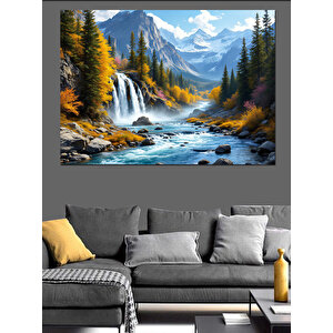 Dağlar Arasında Şelale Manzarası Dekoratif Kanvas - Mdf Ahşap Tablo 100x140 cm