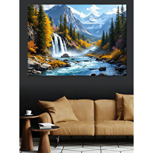 Dağlar Arasında Şelale Manzarası Dekoratif Kanvas - Mdf Ahşap Tablo 100x140 cm