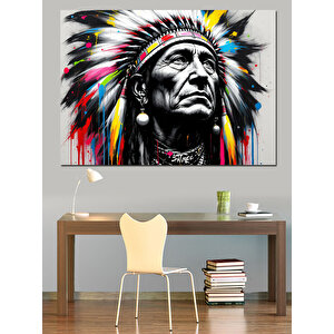 Renkli Tüylü Kızılderili Portresi Dekoratif Kanvas - Mdf Ahşap Tablo 50x70 cm