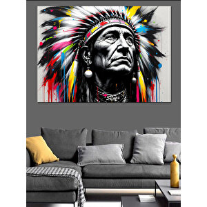 Renkli Tüylü Kızılderili Portresi Dekoratif Kanvas - Mdf Ahşap Tablo