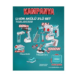 Profesyonel 3'lü Profesyonel Akülü Darbeli̇ Matkap Set + 2x4 Ah Akü Seti