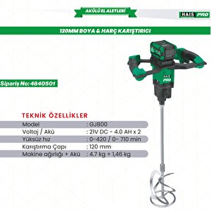 Haispro Gj800 Profesyonel Boya & Harç Karıştırıcı 120 Mm 2x4 Ah Çift Akü