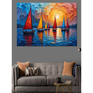 Renkli Yelkenli Tekneler Gölü Dekoratif Kanvas - Mdf Ahşap Tablo 50x70 cm