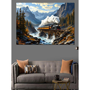 Dağlarda Buharlı Tren Yolculuğu Dekoratif Kanvas - Mdf Ahşap Tablo 35x50 cm