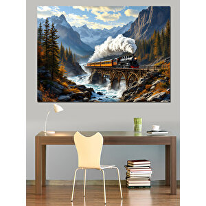 Dağlarda Buharlı Tren Yolculuğu Dekoratif Kanvas - Mdf Ahşap Tablo 35x50 cm