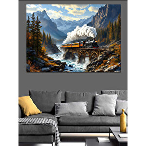 Dağlarda Buharlı Tren Yolculuğu Dekoratif Kanvas - Mdf Ahşap Tablo 35x50 cm