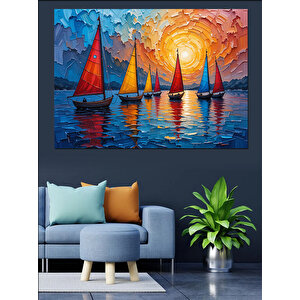 Renkli Yelkenli Tekneler Gölü Dekoratif Kanvas - Mdf Ahşap Tablo 100x140 cm