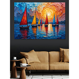 Renkli Yelkenli Tekneler Gölü Dekoratif Kanvas - Mdf Ahşap Tablo 35x50 cm