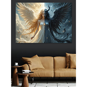 Beyaz Siyah Melek Figürü Dekoratif Kanvas - Mdf Ahşap Tablo 100x140 cm