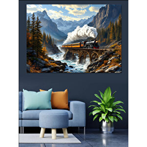 Dağlarda Buharlı Tren Yolculuğu Dekoratif Kanvas - Mdf Ahşap Tablo