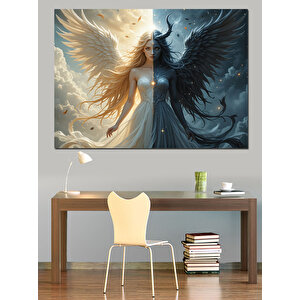 Beyaz Siyah Melek Figürü Dekoratif Kanvas - Mdf Ahşap Tablo 70x100 cm
