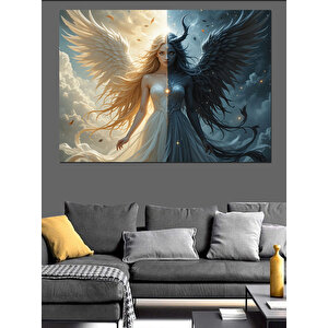 Beyaz Siyah Melek Figürü Dekoratif Kanvas - Mdf Ahşap Tablo 70x100 cm