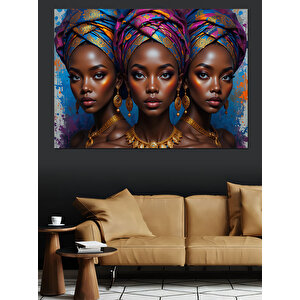 Renkli Eşarplı Üç Kadın Dekoratif Kanvas - Mdf Ahşap Tablo