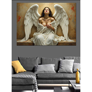 Beyaz Elbiseli Işıklı Melek Dekoratif Kanvas - Mdf Ahşap Tablo 70x100 cm